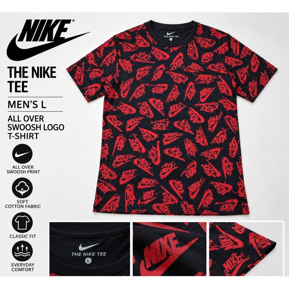 Nike The Nike Tee Men's L Black Red All Over Swoosh Logo T-Shirt
